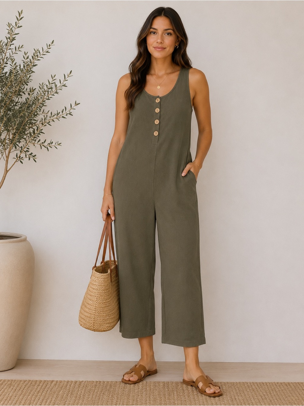 Emery Rose 100% Cotton Khaki Sleeveless Jumpsuit Romper Size M Wide Leg Pockets